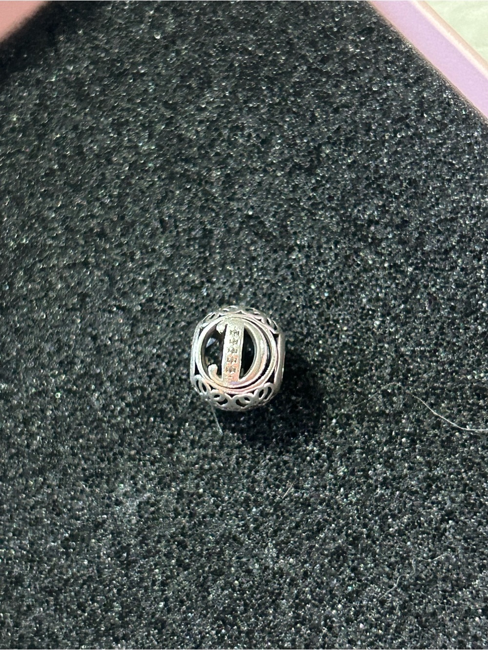 Sterling Silver Filigree Charm Bead with Crystal Accent - Silver letter D